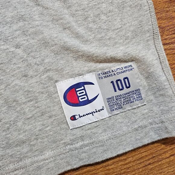 Champion 100 Chenille Logo Heavy Cotton Tee Shirt Grey Blue Men's Small S Rare - Picture 5 of 8